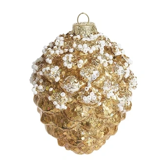 Шишка золотая c белым бисером (стекло) 7,5х7,5х10 см